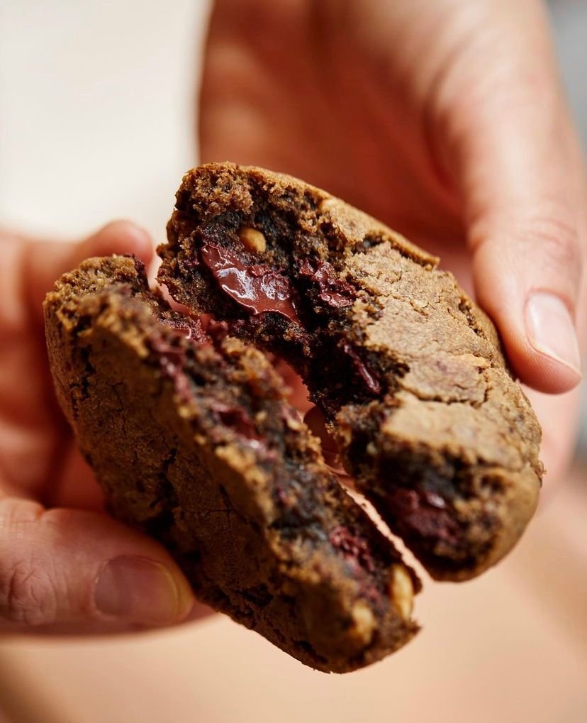 Na foto, um cookie recheado partido ao meio