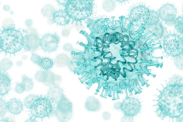 ilustração de um coronavírus, colorida, azul em fundo branco