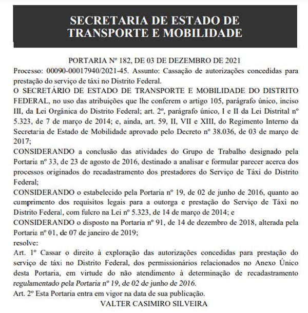 Portaria publicada no Diário Oficial do DF