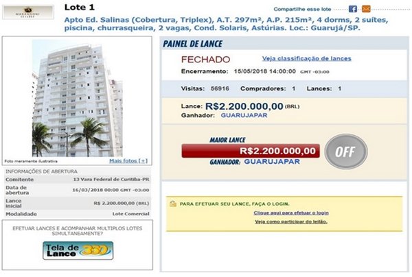 Tela do leilão virtual do apartamento triplex em prédio no Guarujá (SP) que suscitou uma denúncia contra o ex-Lula (PT) - Metrópoles