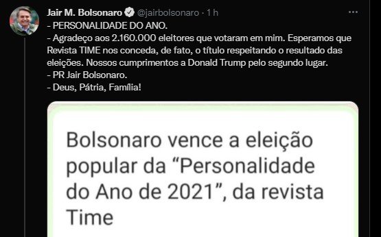 Após vencer votação on-line, Bolsonaro cobra revista Time sobre prêmio