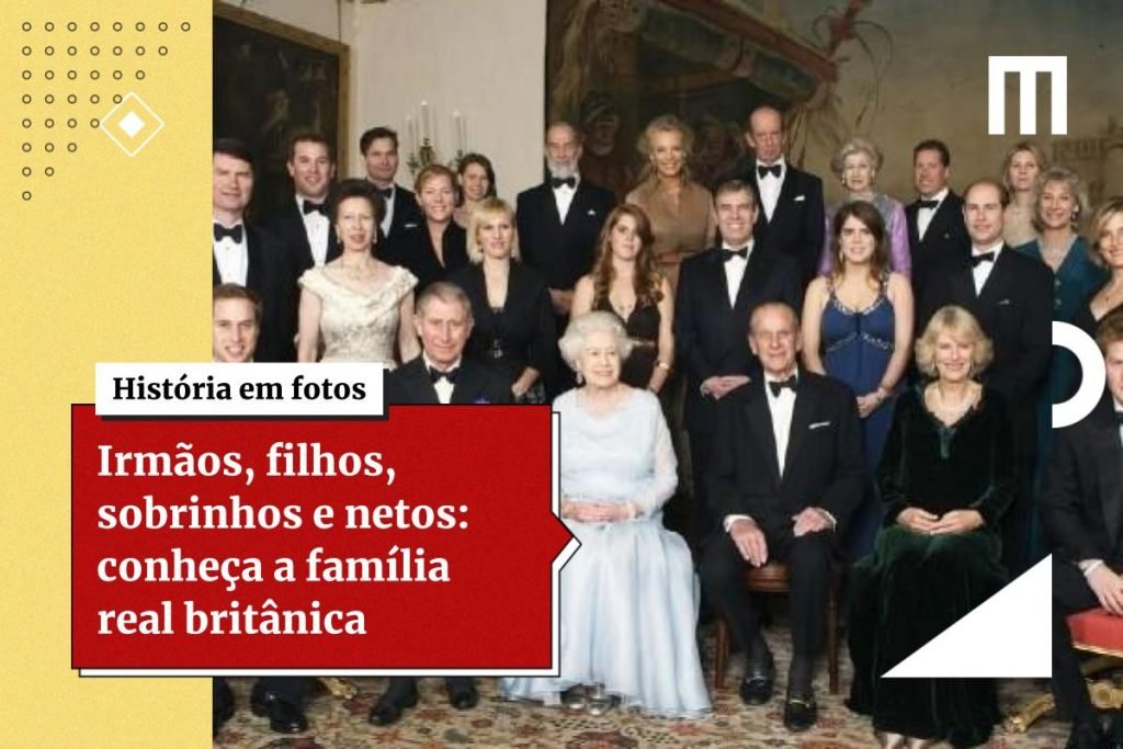 Fotografia colorida. Na imagem aparecem todos os membros da realeza britânica desde a rainha Elizabeth II e o príncipe Philip (ao centro)