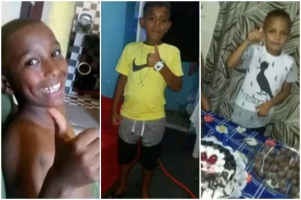 Na montagem de fotografias coloridas, as três crianças desaparecidas aparecem posando para fotos