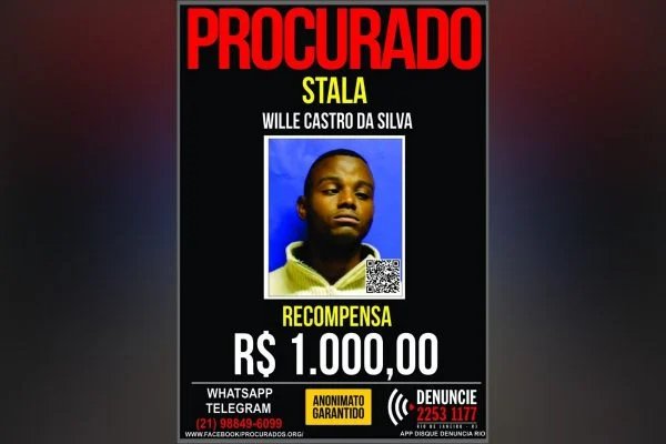 Na imagem colorida, divulga-se um cartaz com informações e imagem de traficante suspeito no desaparecimento dos meninos