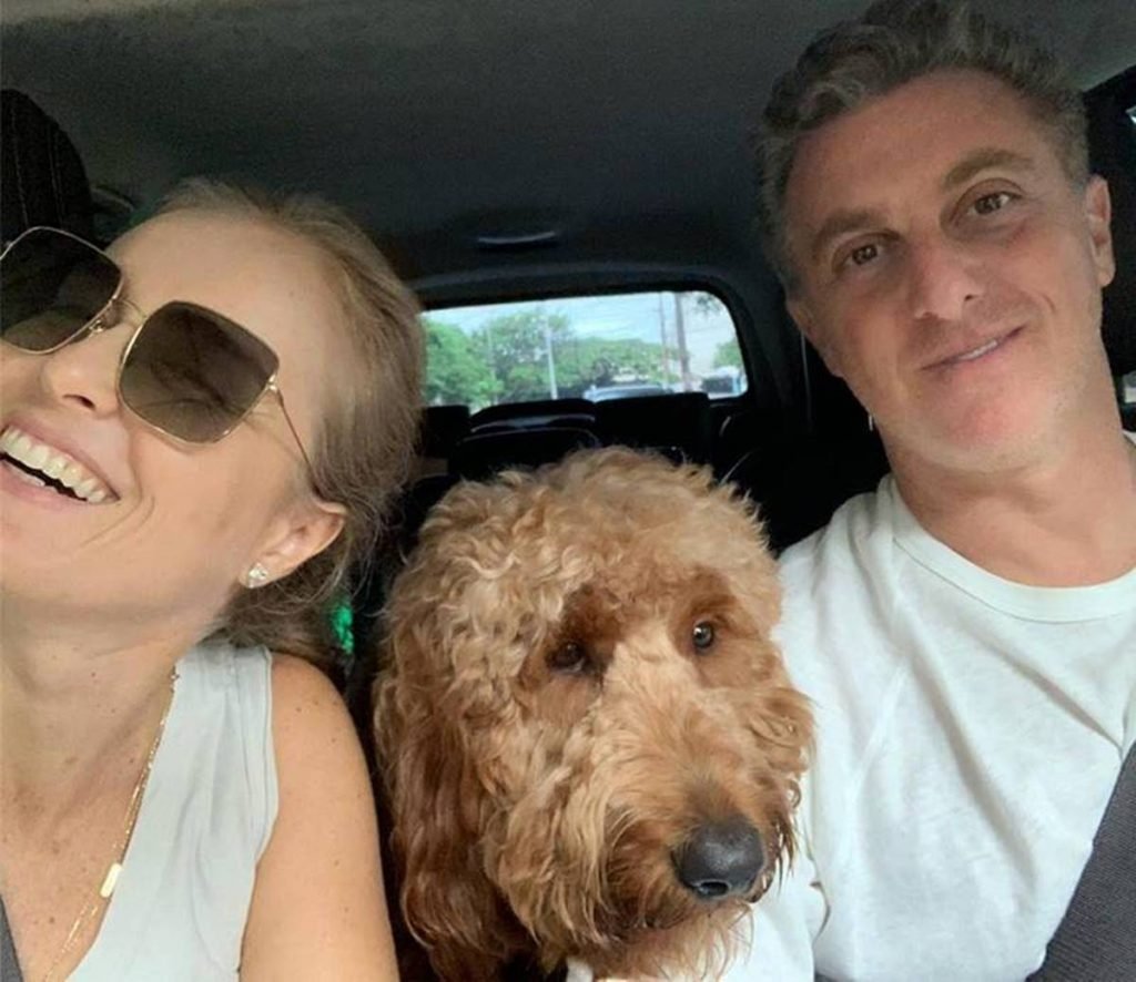 In the photo we have Angelica with dark eyes and a smiling white shirt and next to her a furry brown puppy and on the other side Luciano Huck in a white shirt, all inside a car