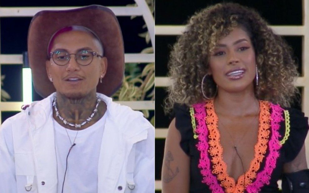 Fotografia colorida. Dynho e Sthe durante programa da eliminação