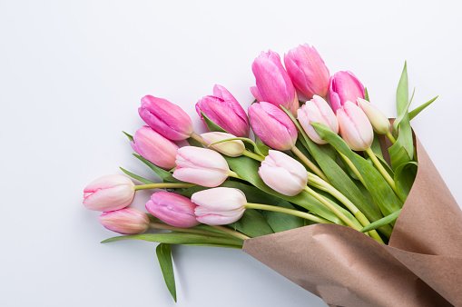 Buquê de tulipas rosas embrulhados por papel machê