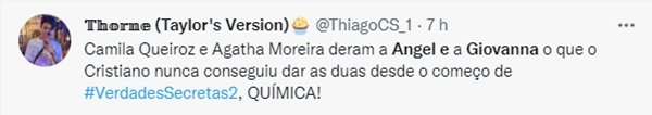 Reação do twitter à cena de Camila Queiroz e Agatha Moreira em Verdades Secretas 2