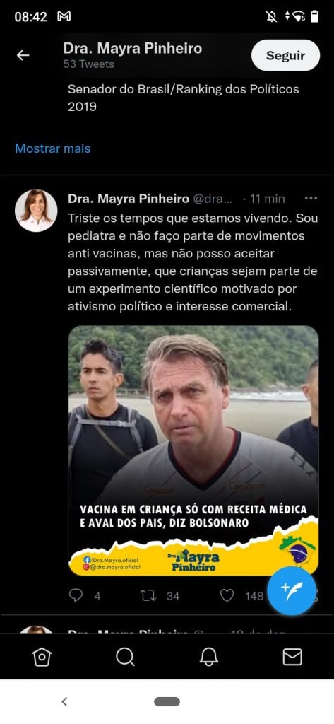 Tweets de Mayra sobre a vacinação em crianças