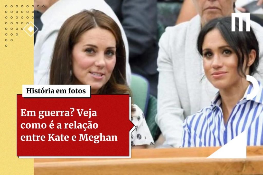 Fotografia colorida. Meghan e Kate aparecem lado a lado. Uma com o rosto virado pra cada lado