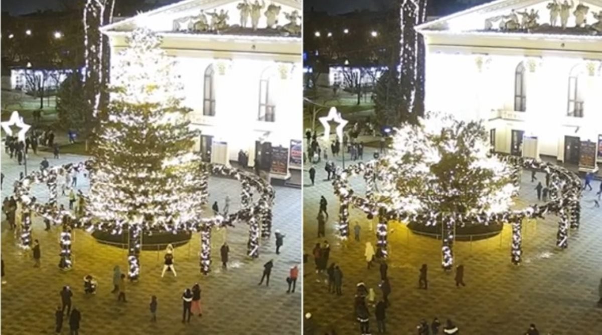Árvore de Natal gigante desaba e quase atinge visitantes na Ucrânia
