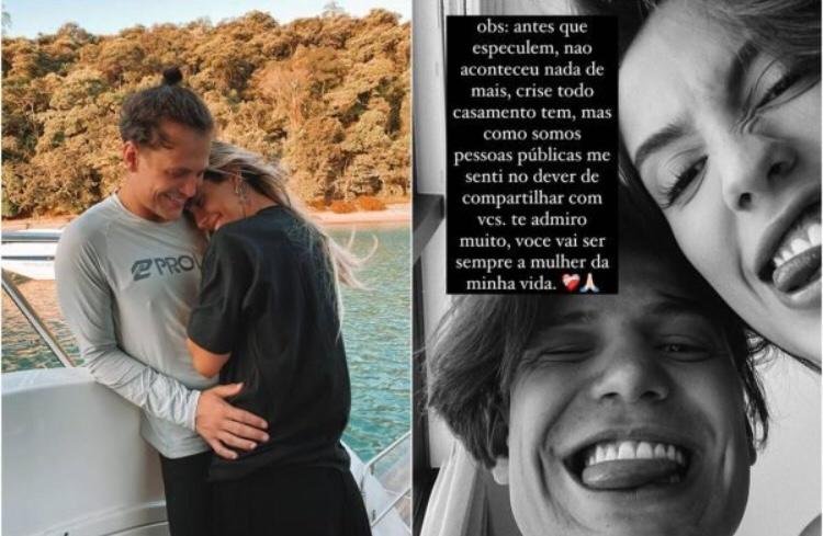 Na imagem colorida, um homem e uma mulher estão posicionados no centro. Ela tem longos cabelos loiros e ele tem cabelos curtos e escuros