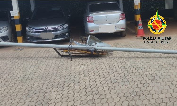 Homem rouba poste, transporta em bicicleta por mais de 1 km e é preso 3 Poste em cima de bicicleta caída no chão