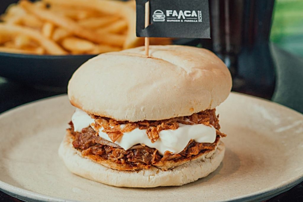na foto temos um hamburguer com carne desfiada e molho branco