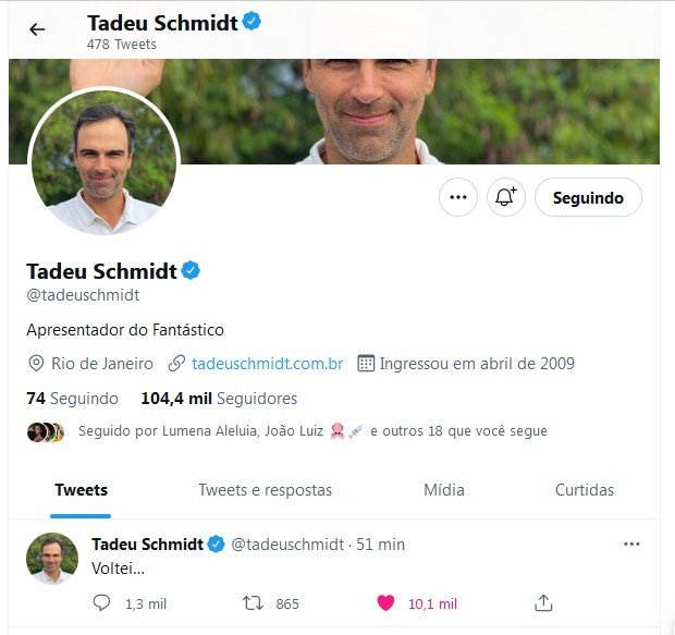 Tadeu Schmidt volta ao Twitter