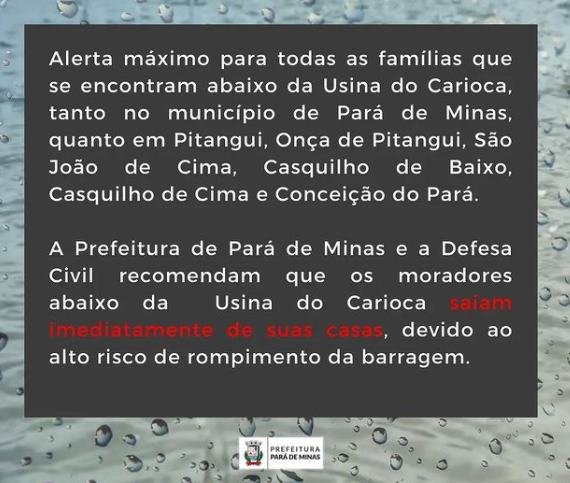 Prefeitura de Pará de Minas emite alerta de rompimento de barragem 