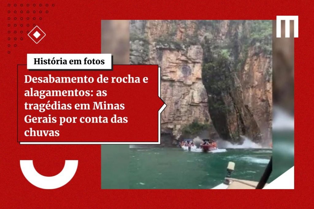 Na imagem colorida, rochas deslizam e caem em cima de lanchas com pessoas