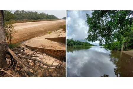 trecho do rio araguaia que secou, em goiás, volta a ter água, após fortes chuvas na região