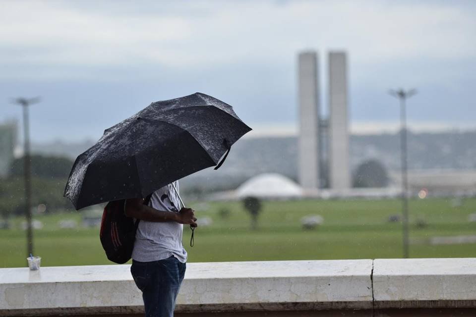 Pessoa andando de guarda-chuva em frente ao Congresso