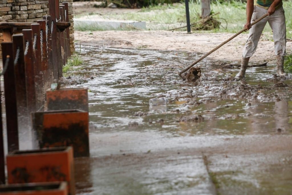 Pessoa limpa rua de Pirenópolis (GO) após enchente