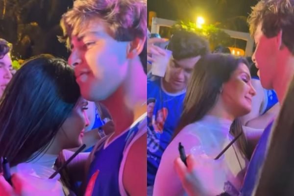 Marina Ferrari e Ricardinho Rego em festa abraçados-Metrópoles