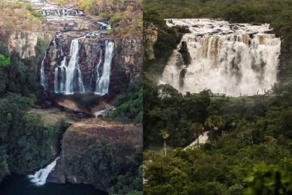 Montagem de fotos comparando o Salto de Corumbá (GO) em período de seca e nas chuvas