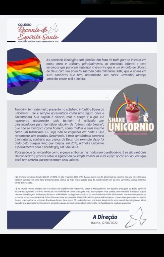 Documento foi distribuído pela escola aos pais e responsáveis