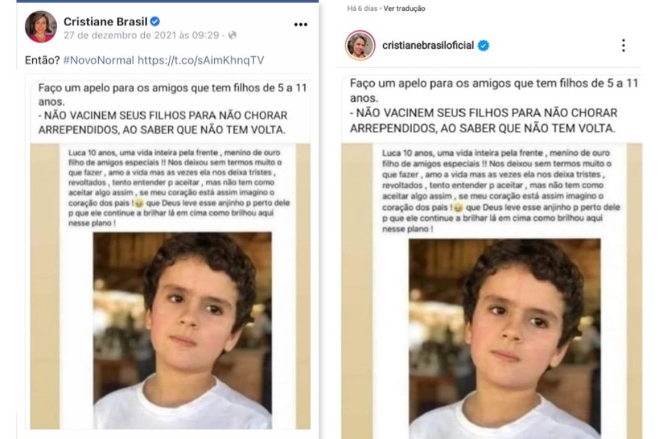 Pelo Facebook e pelo Instagram, a ex-deputada Cristiane Brasil usou imagem de menino morto para inventar que faleceu por causa de vacina