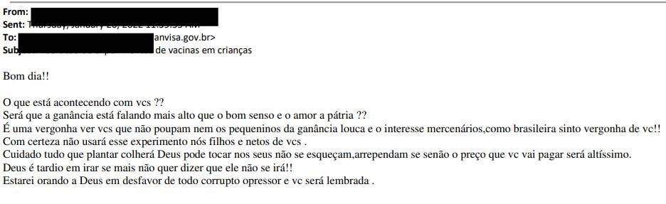 Ameaças recebidas por servidores da Anvisa após aprovação da Coronavac em crianças