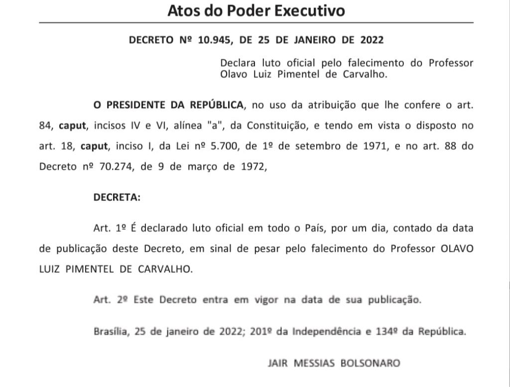 Bolsonaro decreta luto oficial pela morte de Olavo de Carvalho