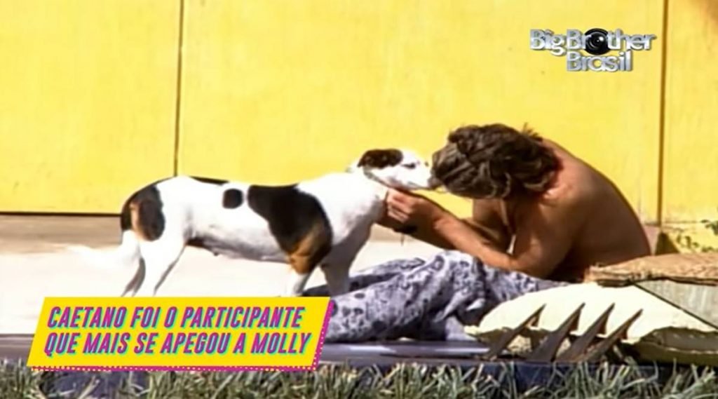 na foto temos um homem de calça colorida e sem camisa sentado acariciando uma cadela malhada