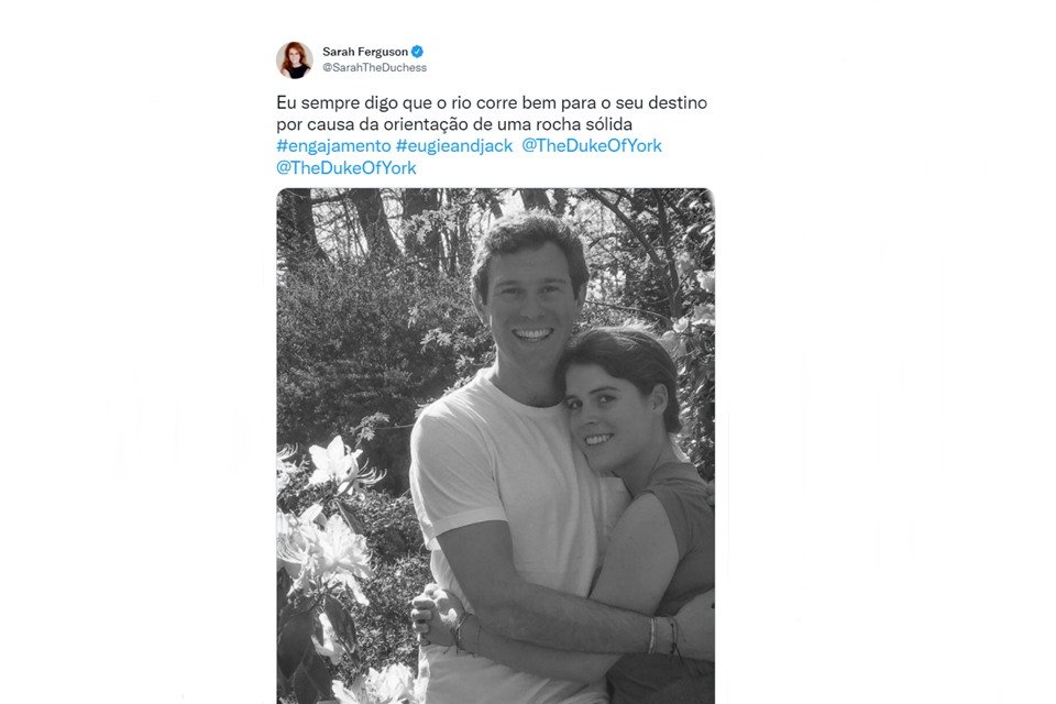Imagem de um tuíte. Foto aparece homem abraçando mulher