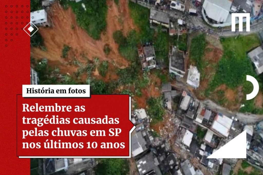 Na imagem colorida, a lama cobre as casas e as árvores.
