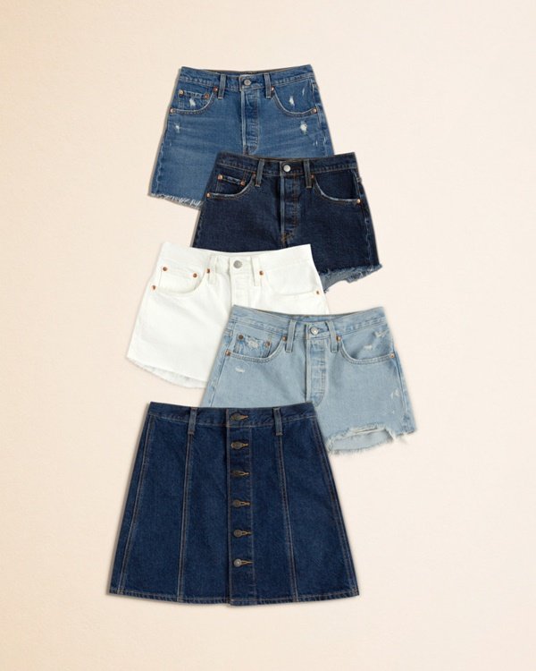 Diferentes modelos de saias e shorts jeans da marca Levi's