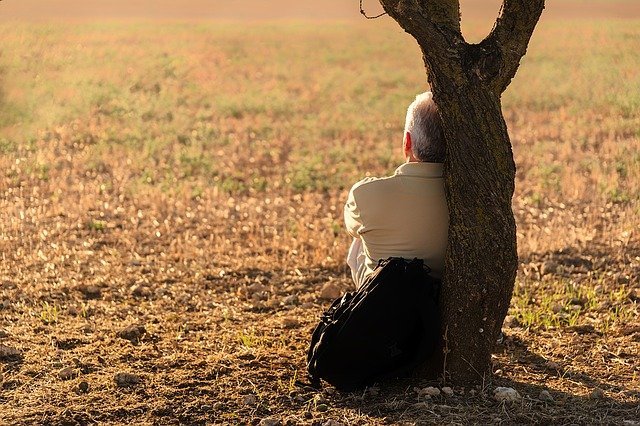 Color photo of an old man leaning against a tree