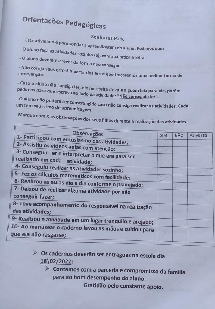 Orientações pedagógicas em lista de exercício de escola municipal de Pirenópolis, Goiás