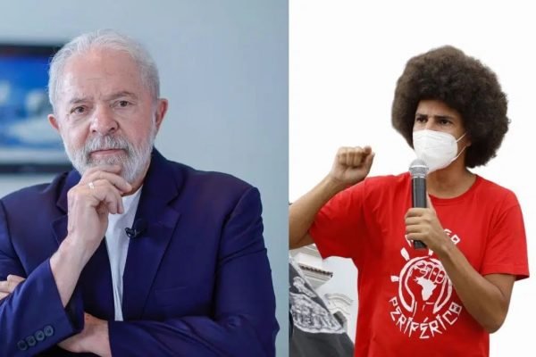 Em fotos justapostas, aparecem Lula e o vereador paranaense Renato Freitas, ambos do PT. Lula usa terno e olha para a câmera, com a mão no queixo, e Freitas tem blackpower, camiseta vermelha e leva um microfone na mão - Metrópoles