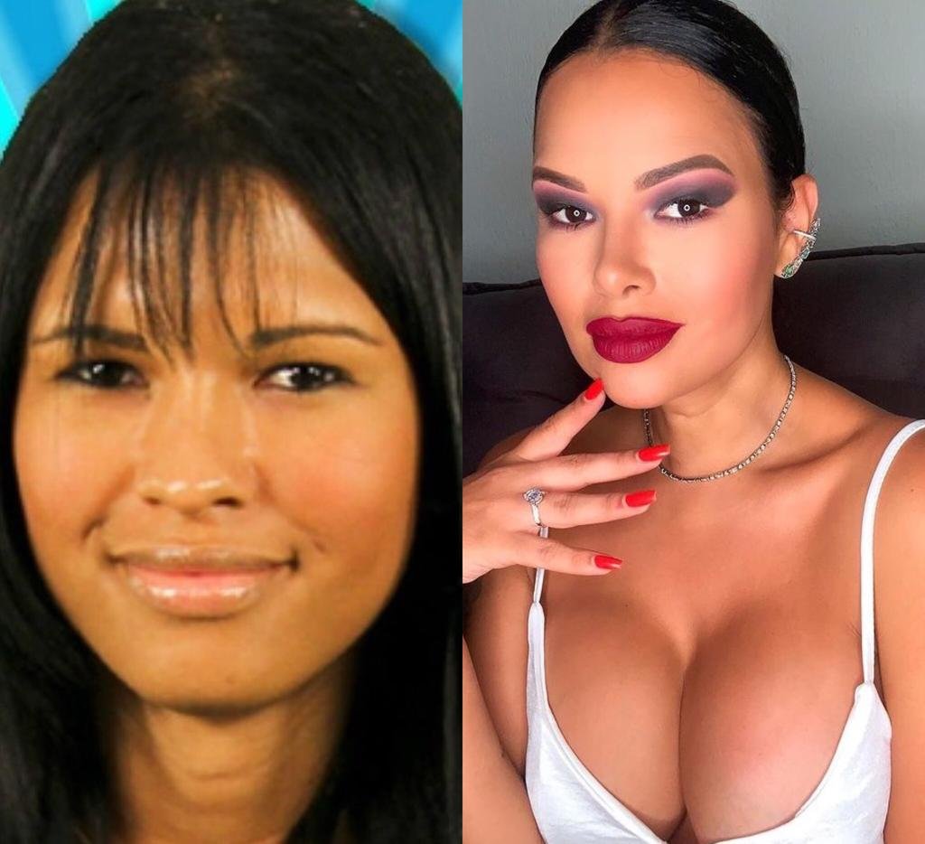 Ariadna Arantes, do BBB11, aparece em um antes e depois na montagem fotográfica. Do lado esquerdo, Ariadna aparece com os cabelos soltos, pretos e com franja. Do lado direito, Ariadna usa roupa clara, colar prata e está com os cabelos presos para trás