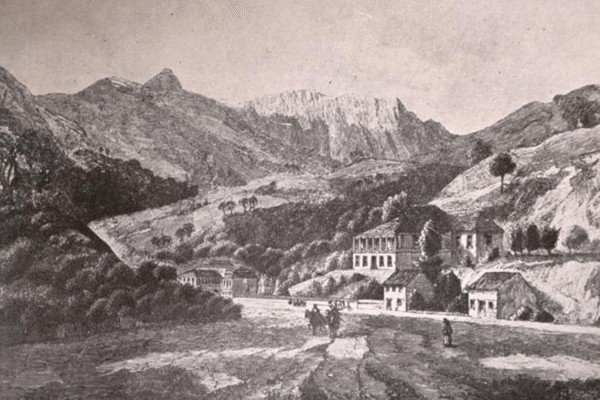 Desenho em preto e branco ilustra a Fazenda Córrego Seco, em Petrópolis