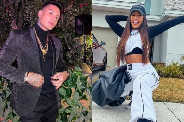 Na montagem Victor Igoh, empresário, está vestido de terno preto do lado esquerdo. Do lado direito, foto de Marina Ferrari, influencer e ex-peoa da Fazenda 13, vestindo um conjunto branco e preto de calça, moletom e boné