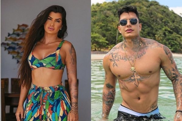 Montagem. Na foto do lado esquerdo, Marina Ferrari veste um conjunto de top e calça estampado. Do lado direito, Victor Igoh aparece sem camisa e de bermuda, na praia.