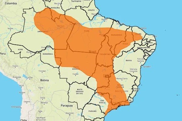 Ilustração colorida de mapa do Brasil com regiões destacadas em laranja-Metrópoles