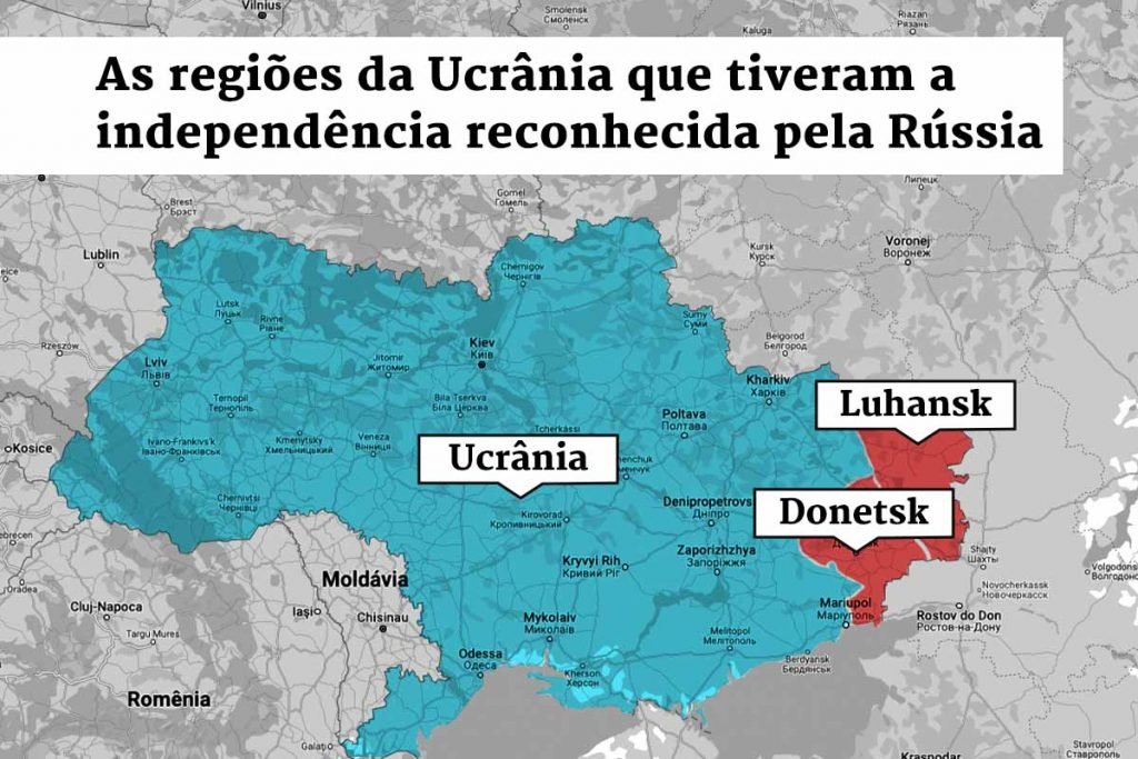 Arte mostra, em azul, o território da Ucrânia e em vermelho a regiões separatistas do país, Luhansk e Donetsk que obtiveram sua independência conforme o governo russo