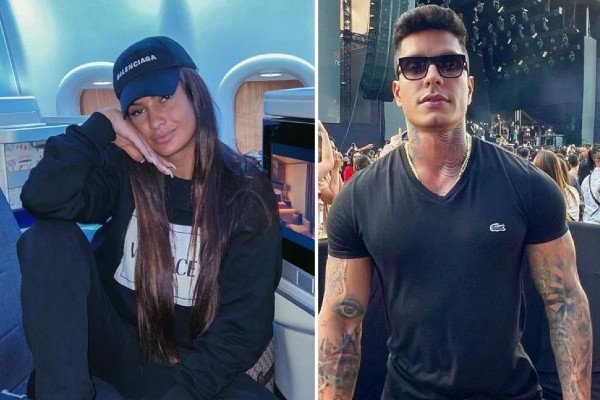 Na montagem, Mari Ferreira e Victor Igoh aparecem posando para fotos de roupas pretas. Ele usa óculos de sol em festa e ela boné em avião