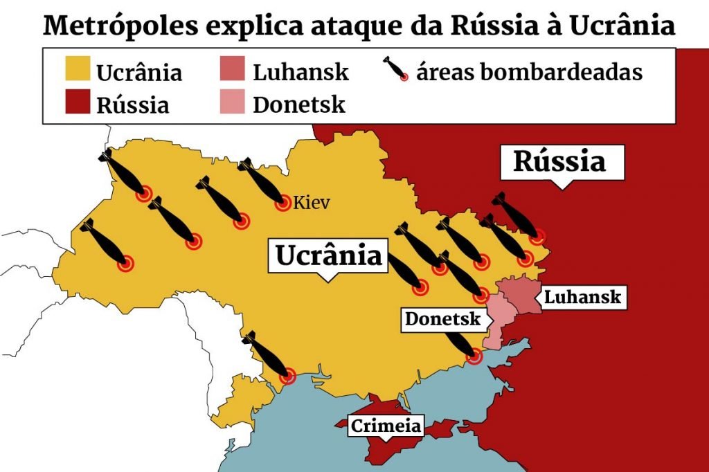 Arte mostra a fronteira da Rússia e a Ucrânia pontuando as áreas dos dois países, as províncias separatistas e áreas bombardeadas - Metrópoles