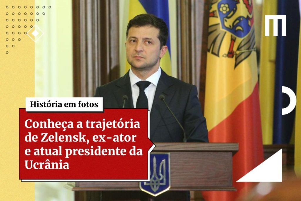 Volodymyr Olexandrovytch Zelensky, presidente da Ucrânia. Ele usa terno e gravata escuros, camiseta clara e olha seriamente para frente- Metrópoles