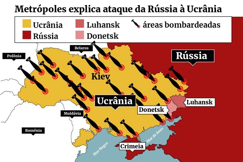Mapa regiões atacadas Ucrânia