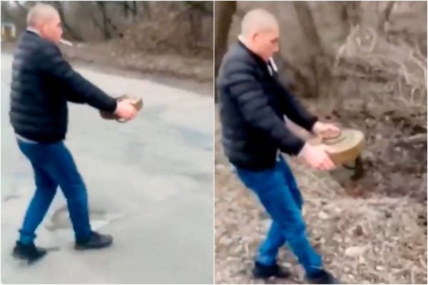 Em montagem de fotos justapostas, vê-se um homem ucraniano segura mina terrestre com as próprias mãos e a leva para uma floresta. É possível ver um cigarro em sua boca - Metrópoles