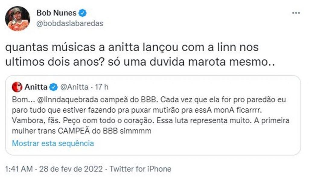 print de tuite de bob nunes