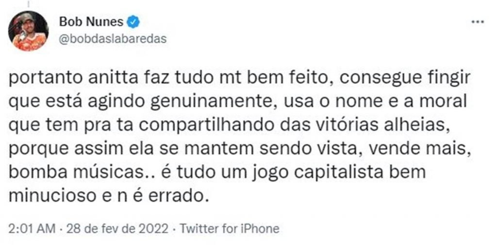 print de tuite de bob nunes